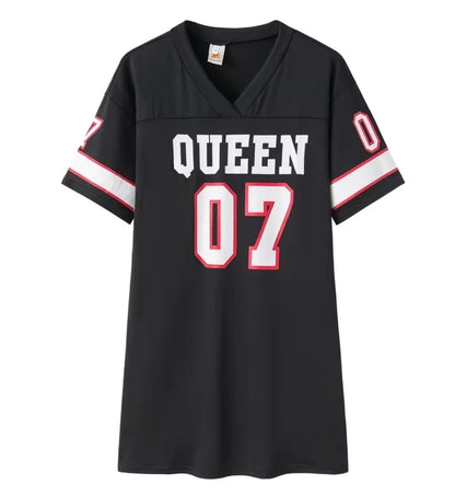 2025 New Fashion V-Neck Queen Letters Print Dress Short Sleeve