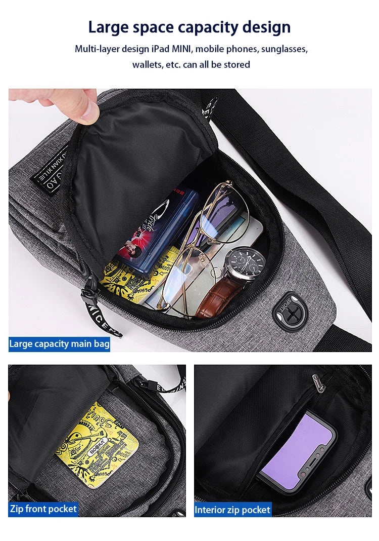 Travel Men's Handbags Multifunctional USB Chest Bag Designer Messenger Crossbody Bags Water-Proof Shoulder Bag Sports Back Pack