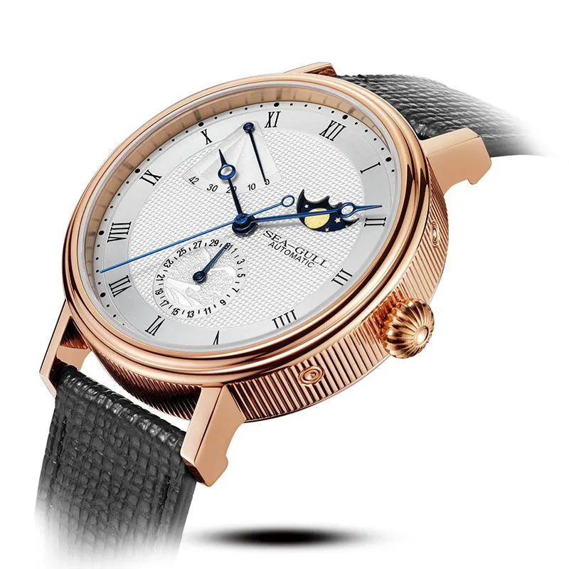 Seagull Men's Business Wristwatch Moon Phase Leather Luxury Automatic Mechannical Men's Watches 50M Waterproof relogio 6092
