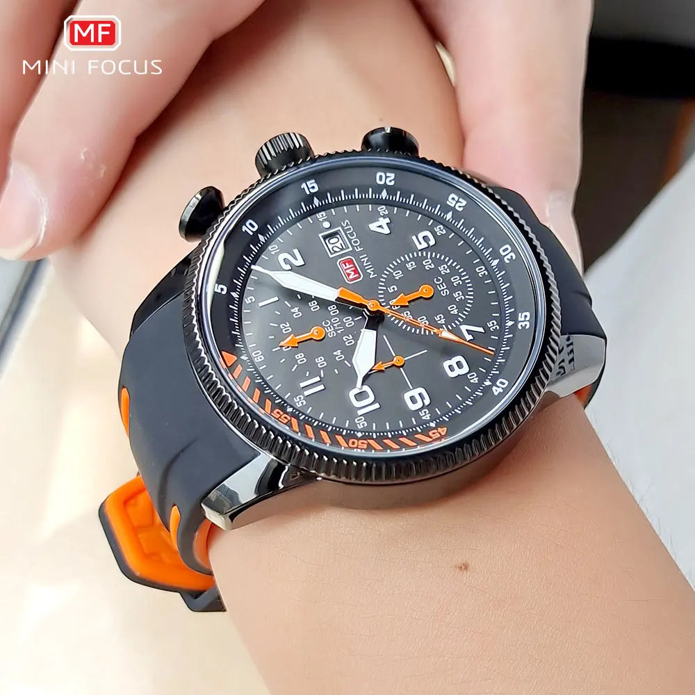 MINI FOCUS Sports Quartz Watch for Men Fashion Chronograph Waterproof Watches Silicone Strap Luminous Hands Wristwatches 0379