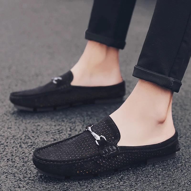 Moda masculina chinelos de couro ao ar livre meia loafers sapatos leves respirável mulas para o homem verão sandálias casuais sapatos preguiçosos