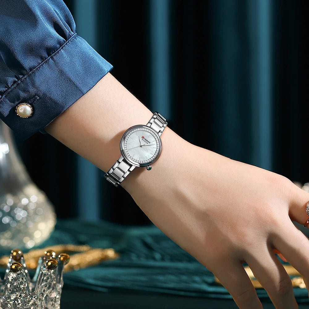 CURREN Luxury Watch Women Ring Necklace Earrings Rhinestone Fashion Wristwatch Female Casual Ladies Watches Bracelet 5PCS Set