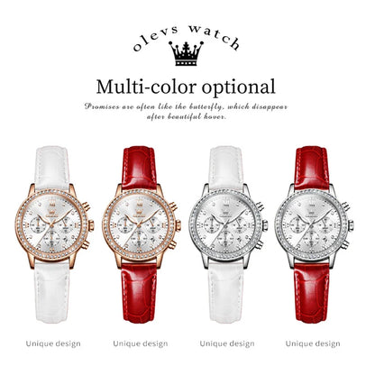 OLEVS Fashion Diamond Watches For Women Luxury Brand Rose Gold Case Ladies Quartz Watch White Leather Strap reloj para mujer