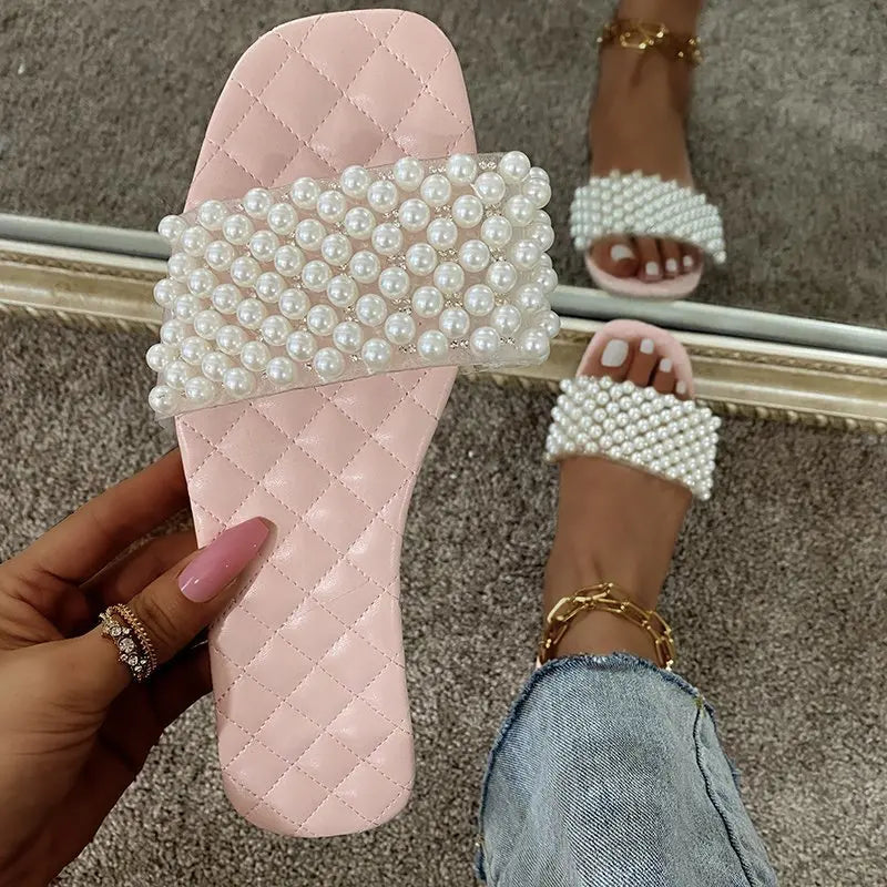 Novas Sandálias Casuais Femininas Primavera/Verão 2024 com Pérolas e Strass, Sapatos Planos de Cor Sólida