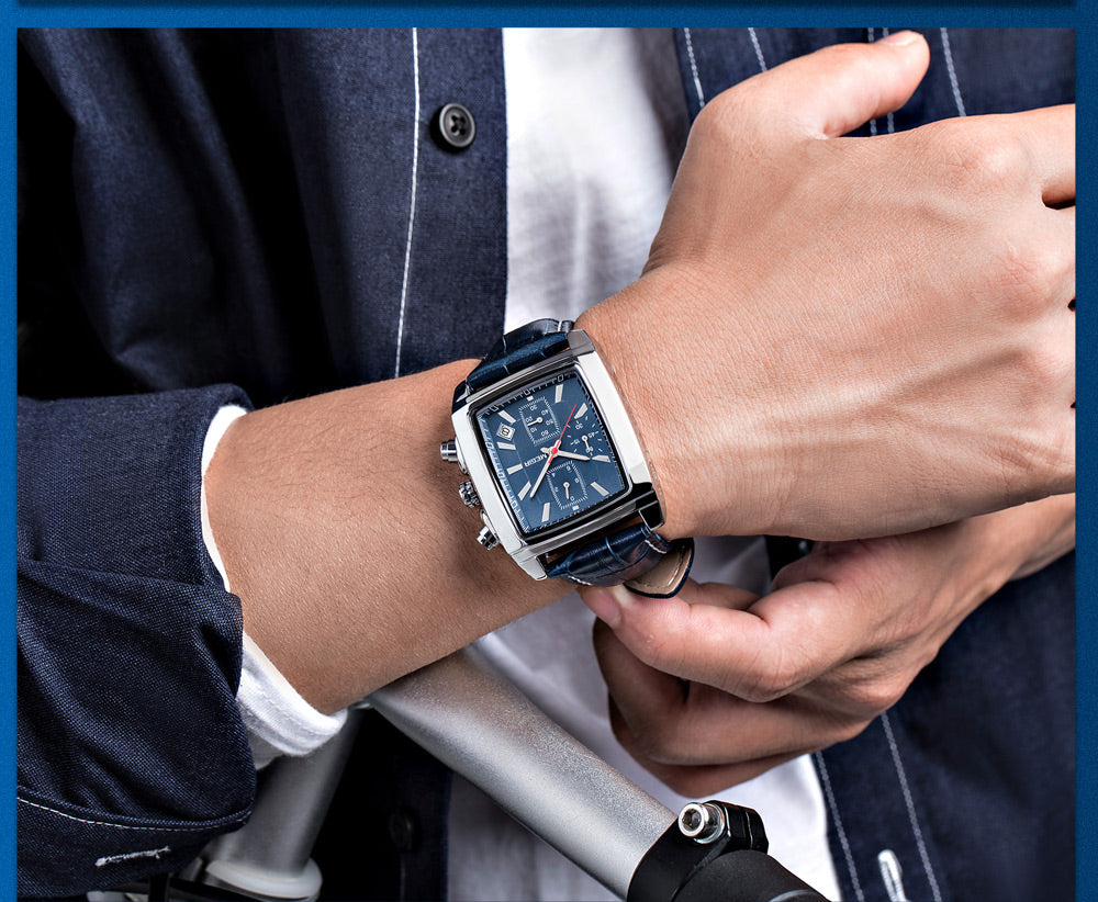 MEGIR Fashion Casual Men Chronograph Quartz Watch Top Brand Military Sport Wristwatch Man Rectangle  Leather Watches Male 2028