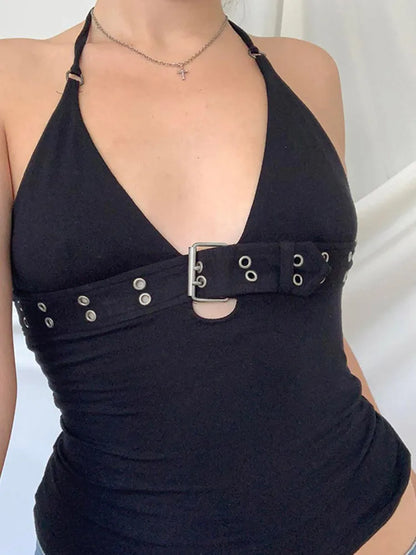 y2k Bandage Crop Top Black Backless  Top Lace Up