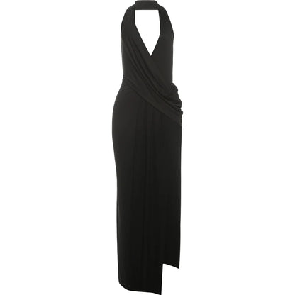 Weird Puss Sexy Backless Long Dress Women Halter Deep V-Neck Sleeveless High Splits Hem New Trend Pool Style Elegant Vestidos