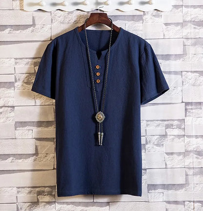 Men's Button Loose Shirts Casual Male V Neck Short Sleeve Harajuku Linen T-shirt Tops ZJFS-1901