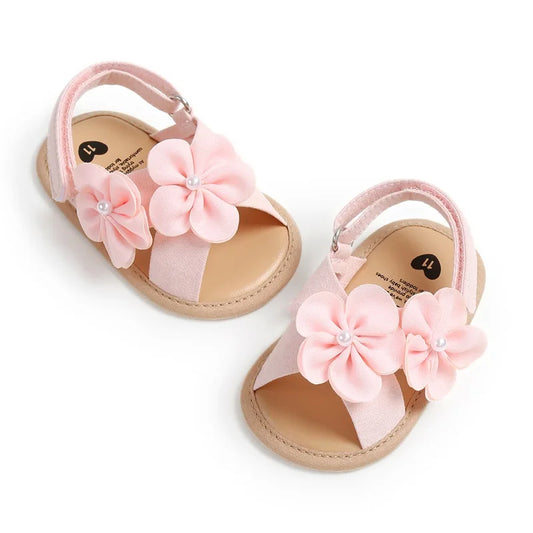 Sandálias de verão para bebês meninas de 0 a 18 meses, decorações de flores 3d fofas, sapatos de sola plana antiderrapantes, sapatos para primeiros passos recém-nascidos