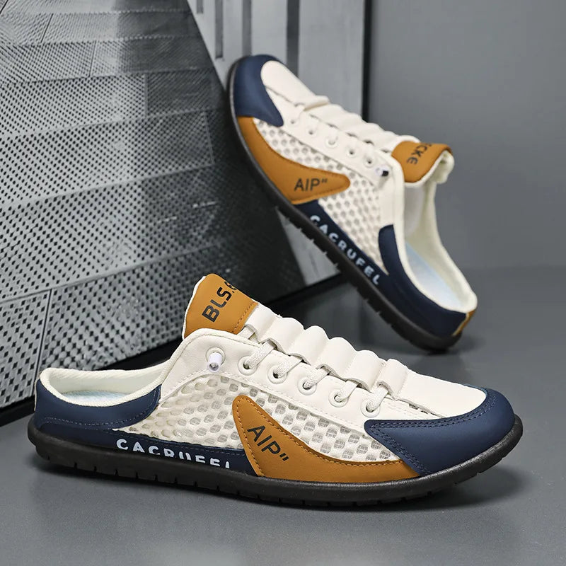 Verão masculino malha deslizamento em metade chinelos moda homem sandálias esportivas respirável qualidade casual ervilhas sapatos para homens mocassins de luxo