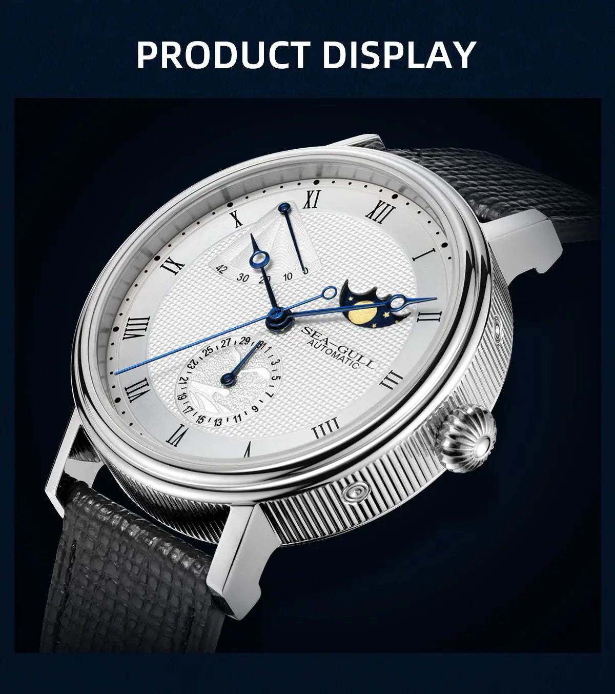 Seagull Men's Business Wristwatch Moon Phase Leather Luxury Automatic Mechannical Men's Watches 50M Waterproof relogio 6092