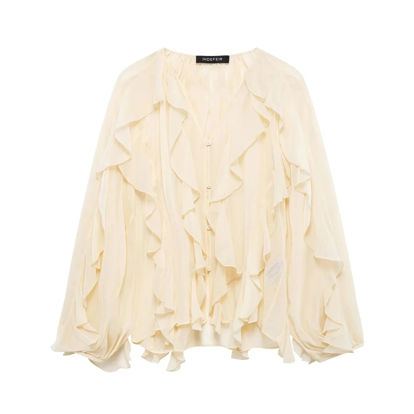 KONDALA Burgundy Mesh Ruffles Shirts For Women Elegant Long Sleeve See Through Loose Tops 2025 New Female High Street Partywear