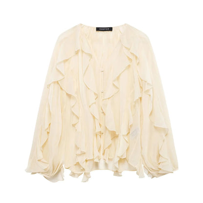 KONDALA Burgundy Mesh Ruffles Shirts For Women Elegant Long Sleeve See Through Loose Tops 2025 New Female High Street Partywear