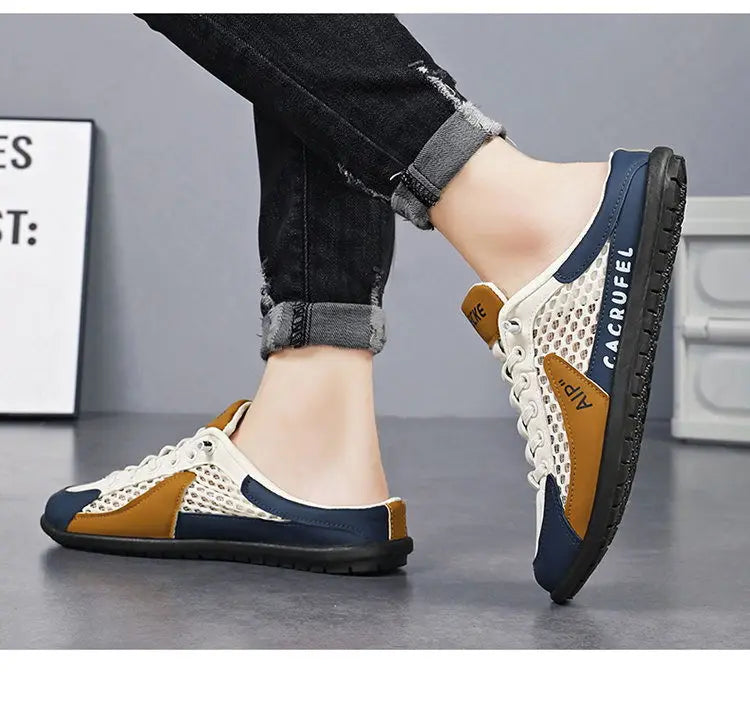 Verão masculino malha deslizamento em metade chinelos moda homem sandálias esportivas respirável qualidade casual ervilhas sapatos para homens mocassins de luxo