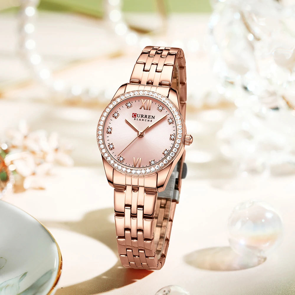 CURREN Luxury Watch Women Ring Necklace Earrings Rhinestone Fashion Wristwatch Female Casual Ladies Watches Bracelet 5PCS Set