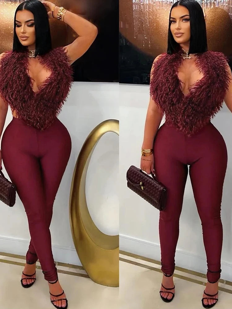 Nibber Hipster 2-Piece Set Women Plush Tassel Lace-Up Halter v-Neck Backless Vest+High Elasticity Trouser Sexy Midnight Suits