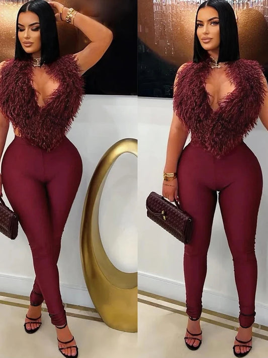 Nibber Hipster 2-Piece Set Women Plush Tassel Lace-Up Halter v-Neck Backless Vest+High Elasticity Trouser Sexy Midnight Suits