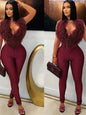 Nibber Hipster 2-Piece Set Women Plush Tassel Lace-Up Halter v-Neck Backless Vest+High Elasticity Trouser Sexy Midnight Suits