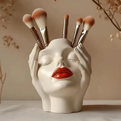 Cosmetic Brush Holder Makeup Organizer For Brushes Women's Head Design Boho Aesthetic Decorative Resin Decoration For Bathroom