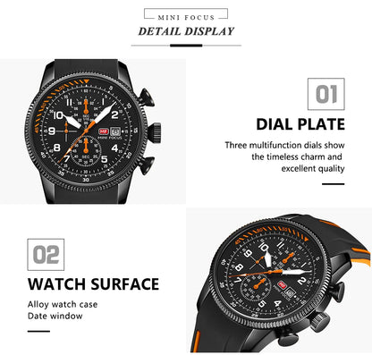 MINI FOCUS Sports Quartz Watch for Men Fashion Chronograph Waterproof Watches Silicone Strap Luminous Hands Wristwatches 0379