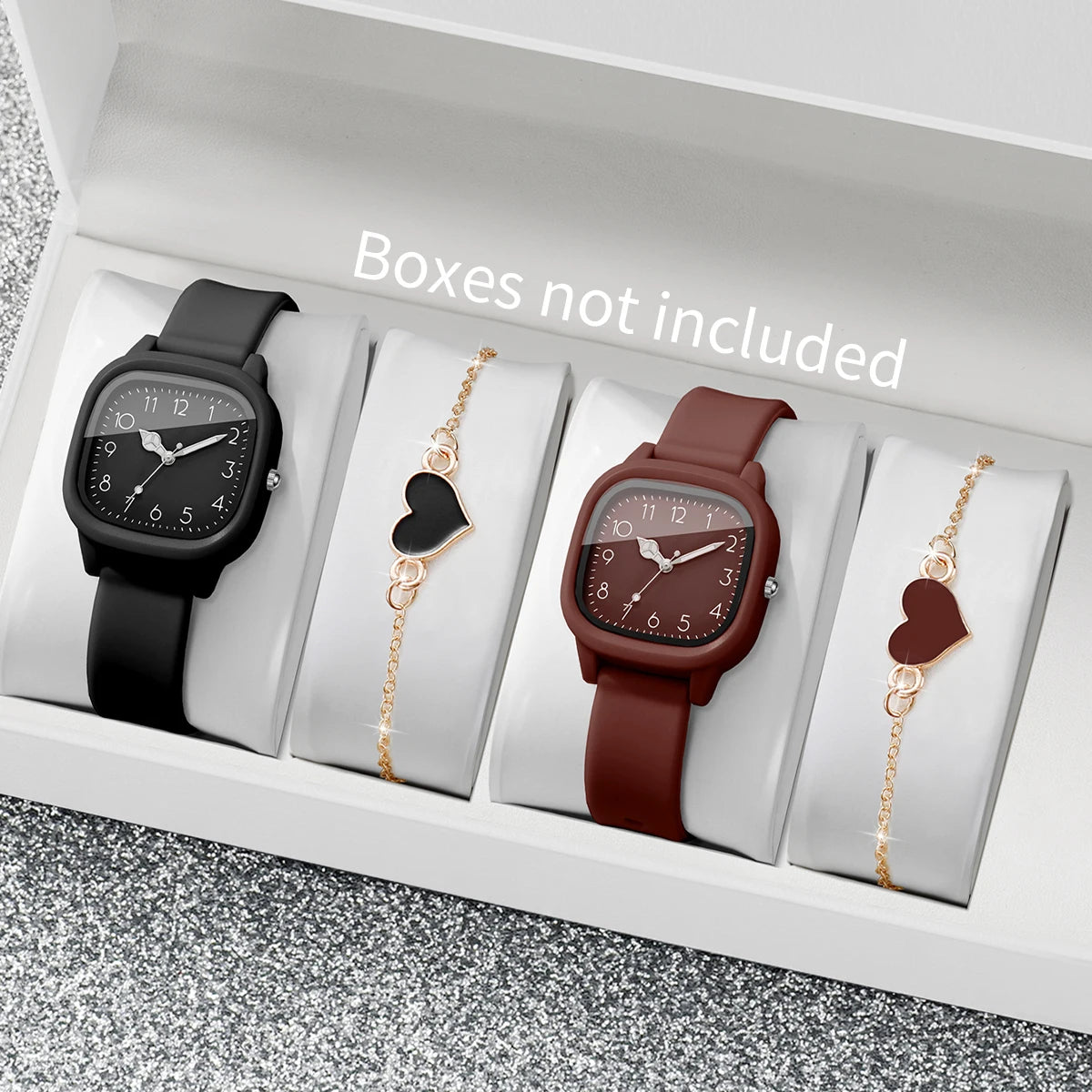 4PCS Fashion Square Women Watches Heart Bracelet Set Arabic Dial Silicone Strap Quartz Wristwatch Reloj Mujer Girls(Without Box)