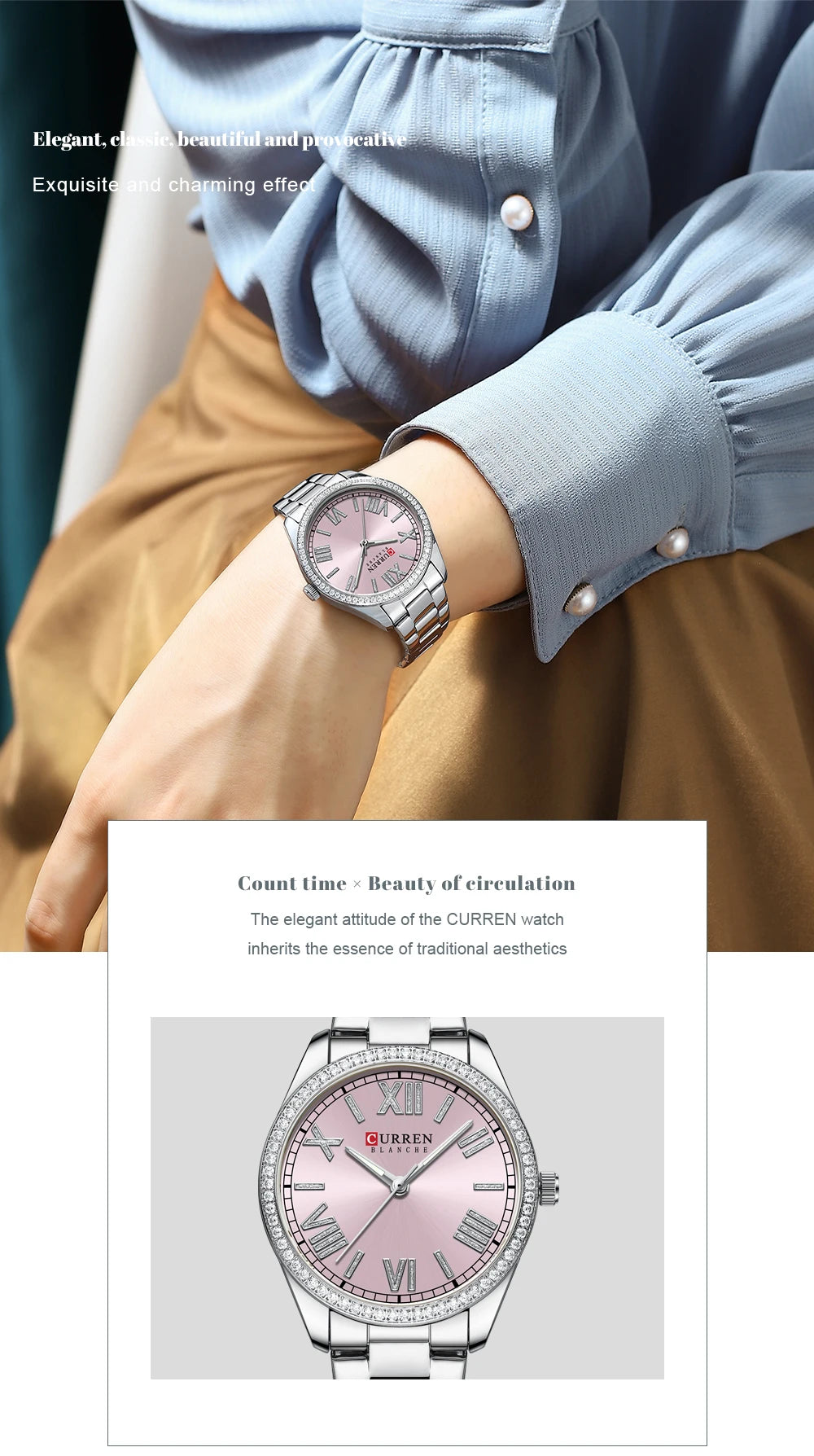 CURREN Luxury Watch Women Ring Necklace Earrings Rhinestone Fashion Wristwatch Female Casual Ladies Watches Bracelet 5PCS Set