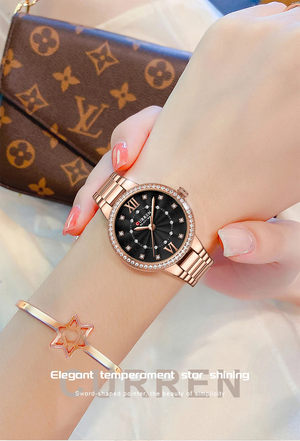 CURREN Luxury Watch Women Ring Necklace Earrings Rhinestone Fashion Wristwatch Female Casual Ladies Watches Bracelet 5PCS Set