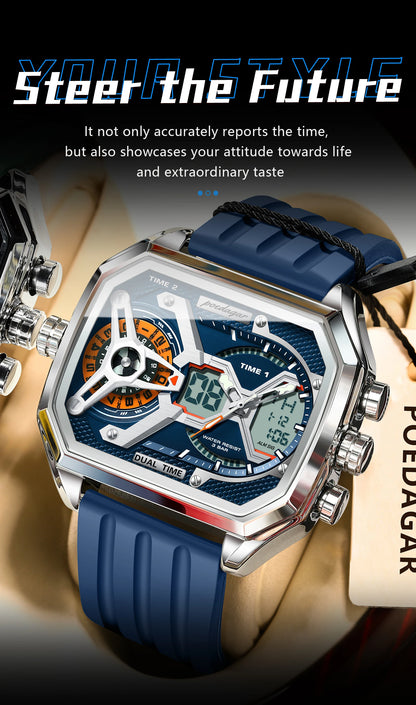 POEDAGAR Luxury Men Wristwatch Date Week Luminous LED Quartz Man Clock Silicone Strap Electronic Dual Time Fashion Men's Watches