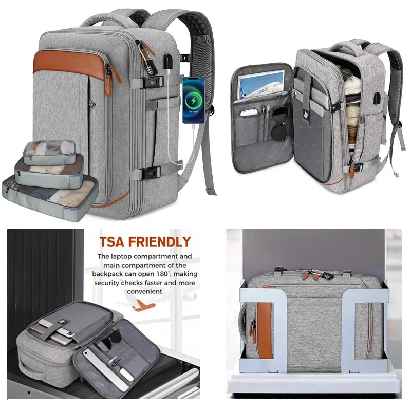 Mochila de viaje con puerto de carga USB, múltiples bolsas organizadoras y compartimento para zapatos, mochila de equipaje de gr