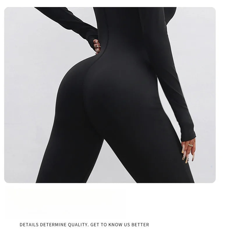 Nylon Yarn Zipper Long-sleeved Flare Pants Yoga One-piece Clothes Tight Fitness Sportswear Women's Jumpsuits