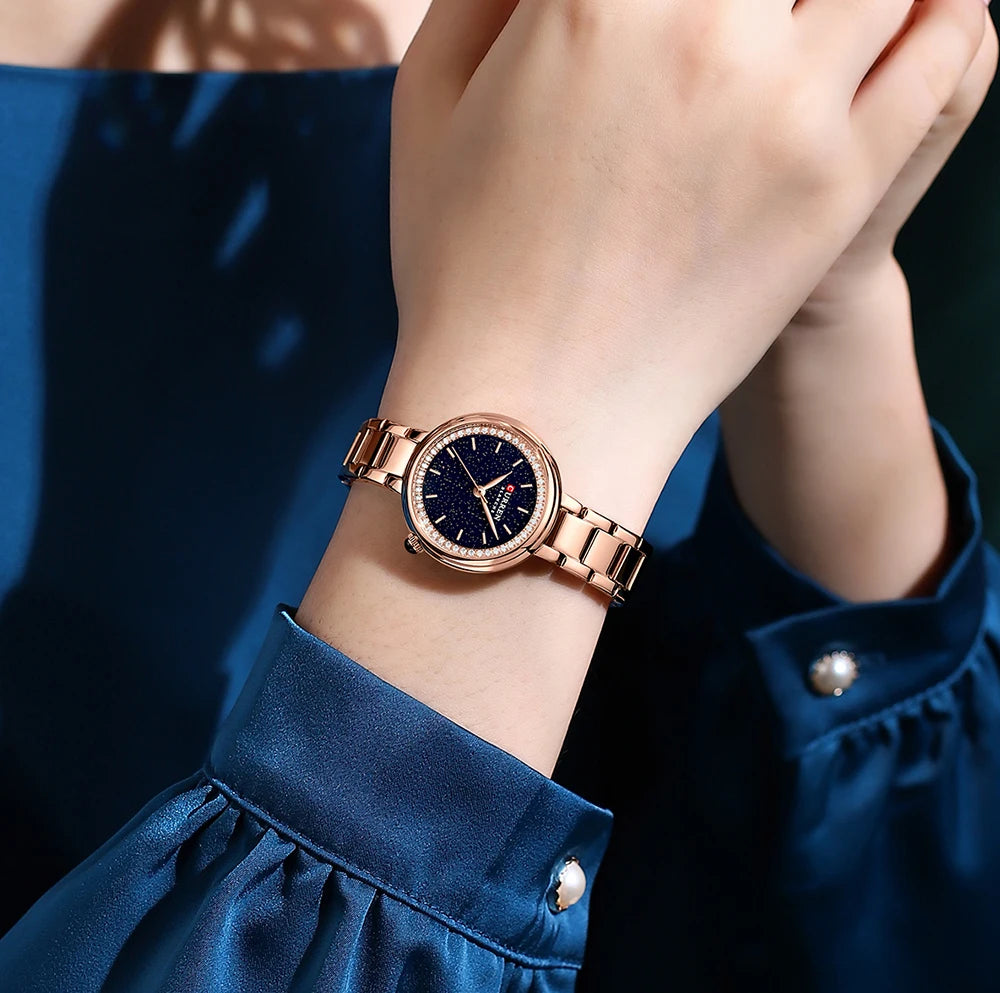 CURREN Luxury Watch Women Ring Necklace Earrings Rhinestone Fashion Wristwatch Female Casual Ladies Watches Bracelet 5PCS Set