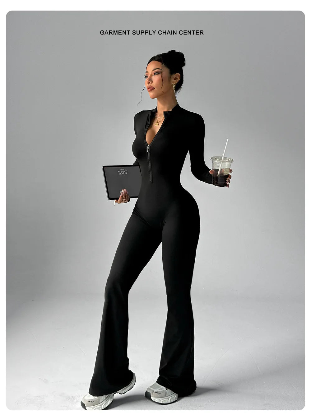 Nylon Yarn Zipper Long-sleeved Flare Pants Yoga One-piece Clothes Tight Fitness Sportswear Women's Jumpsuits