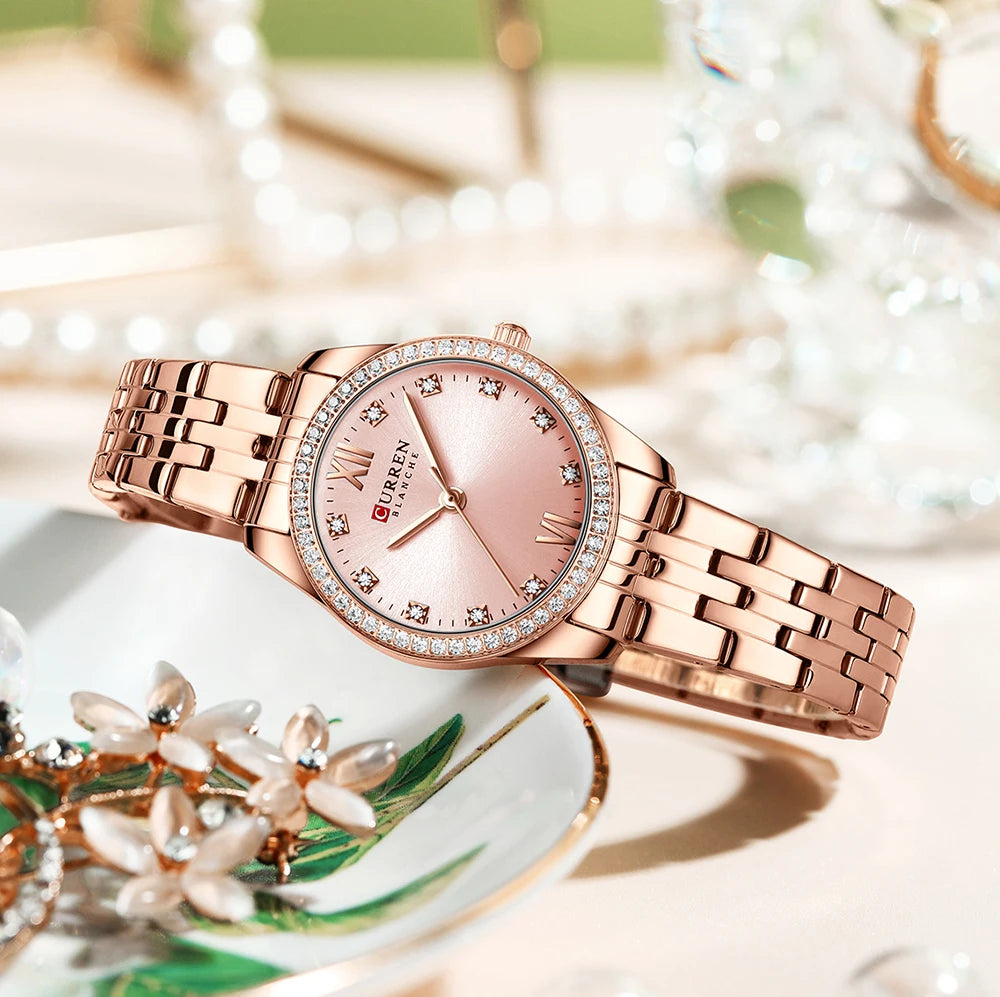 CURREN Luxury Watch Women Ring Necklace Earrings Rhinestone Fashion Wristwatch Female Casual Ladies Watches Bracelet 5PCS Set