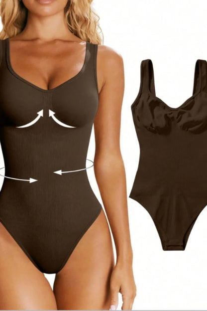 Women's Seamless Yoga Bodysuit – Low Neck Sleeveless Fitness Top