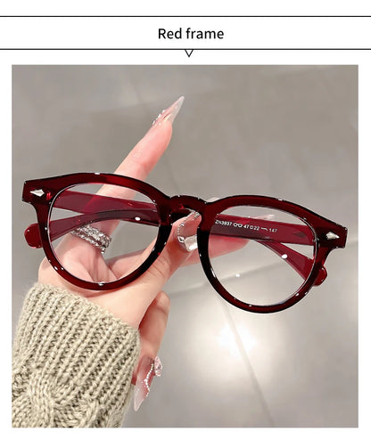 A high-end, retro Korean-style round frame anti-blue light flat glasses with a simple round frame and rice studs without makeup