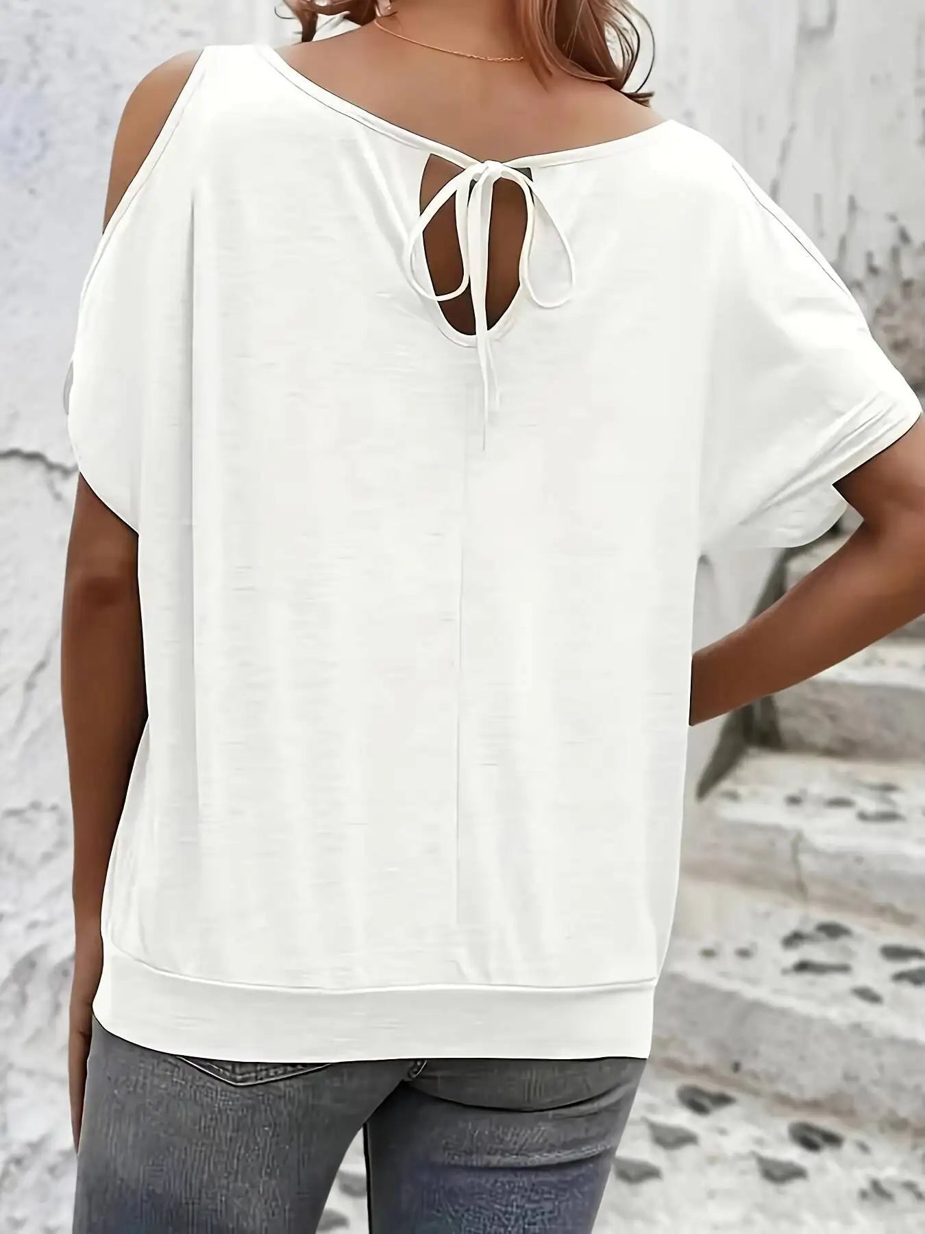 Women's Tee Top Cold Shoulder Short Sleeve Solid Soft Knit Loose Tops Casual