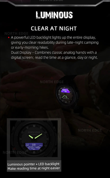 NORTH EDGE FORTRESS 2026 Men's Military Digital Watch Outdoor Sports Waterproof 50M Watches World Time Countdown LED Wristwatch