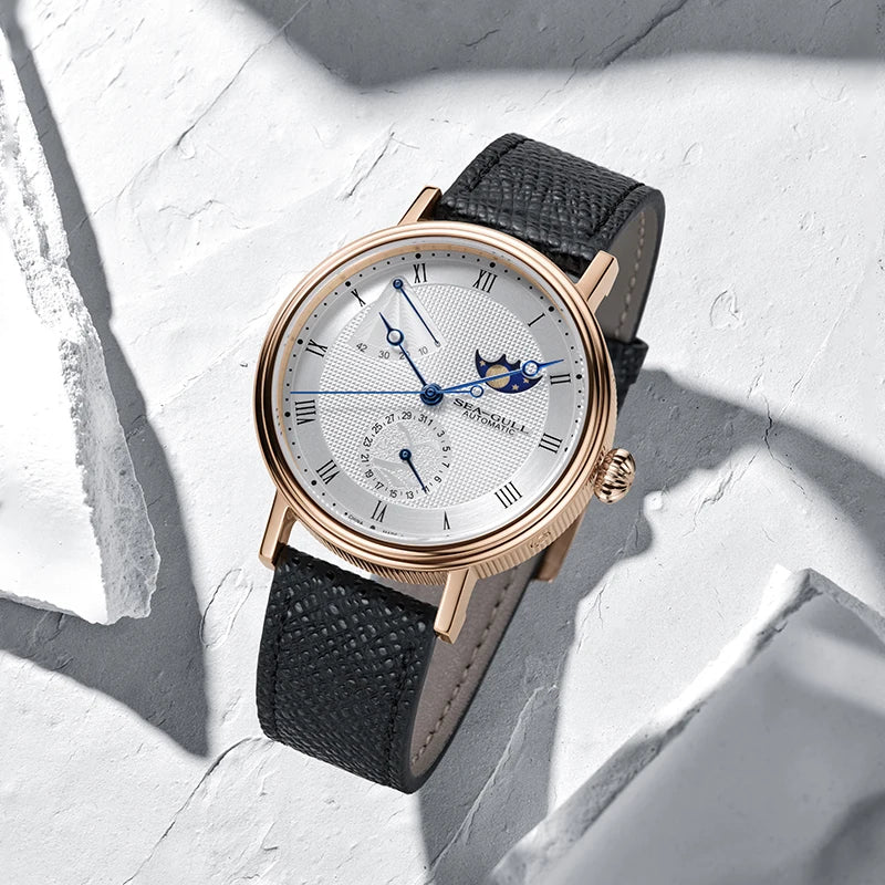 Seagull Men's Business Wristwatch Moon Phase Leather Luxury Automatic Mechannical Men's Watches 50M Waterproof relogio 6092