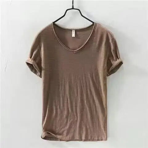 2026 Summer New 100% Cotton White T-shirt Male V-neck