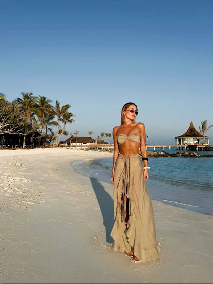 Sexy Braid Bikini with Skirt Women 3 Pcs Swimwear Skirt Suit Beach
