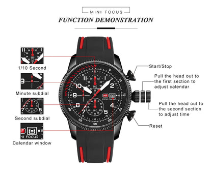 MINI FOCUS Sports Quartz Watch for Men Fashion Chronograph Waterproof Watches Silicone Strap Luminous Hands Wristwatches 0379