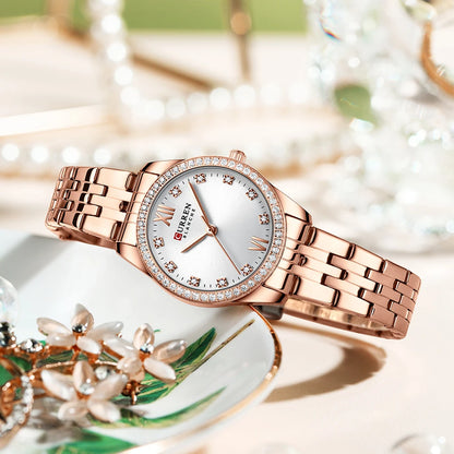 CURREN Luxury Watch Women Ring Necklace Earrings Rhinestone Fashion Wristwatch Female Casual Ladies Watches Bracelet 5PCS Set