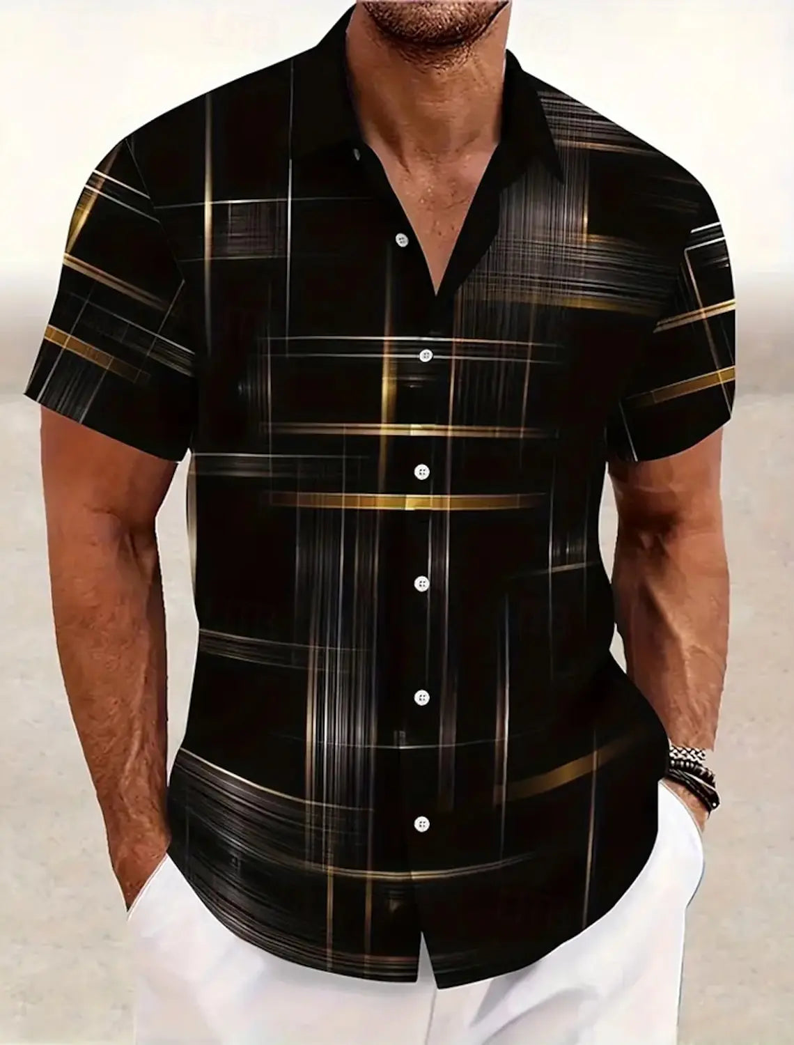 Summer Men's Geometric Grid  Plaid Shirts Short SleeveTurndown Hawaiian Shirt Button Up Shirts No Pockets Shirts