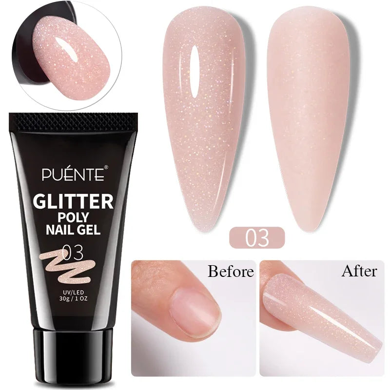 30ML Glitter Poly Nail Gel Hema Free Pink Glitter Acrylic Gel Finger Extension Nail Gel Semi-Permanent Nail Varnish For Manicure