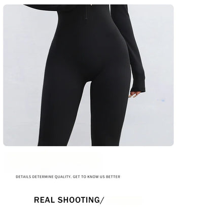 Nylon Yarn Zipper Long-sleeved Flare Pants Yoga One-piece Clothes Tight Fitness Sportswear Women's Jumpsuits