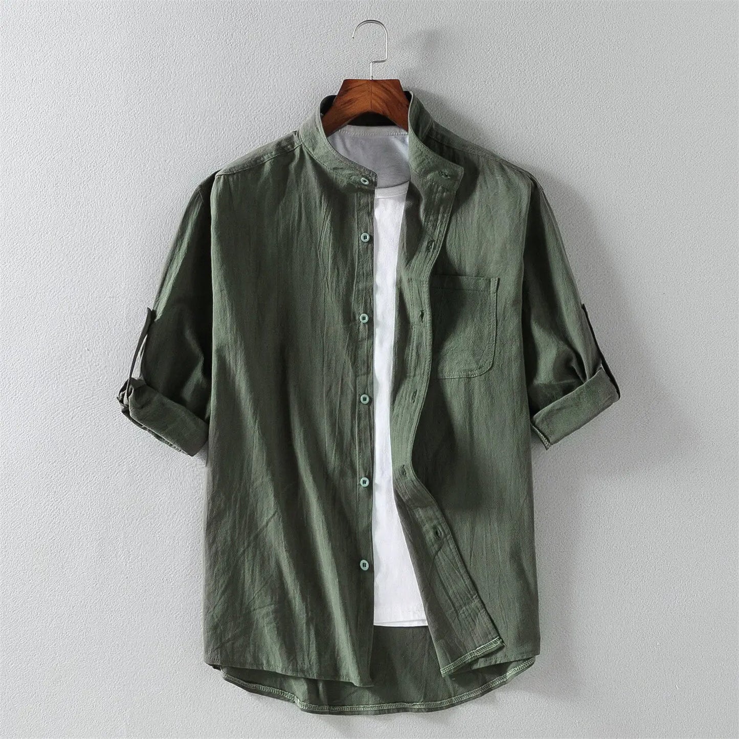 LEGIBLE Summer Shirts Men Loose Thin Cotton Short Sleeve Shirts Male Fashion Stand Solid Color 4XL 5XL