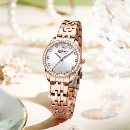 CURREN Luxury Watch Women Ring Necklace Earrings Rhinestone Fashion Wristwatch Female Casual Ladies Watches Bracelet 5PCS Set