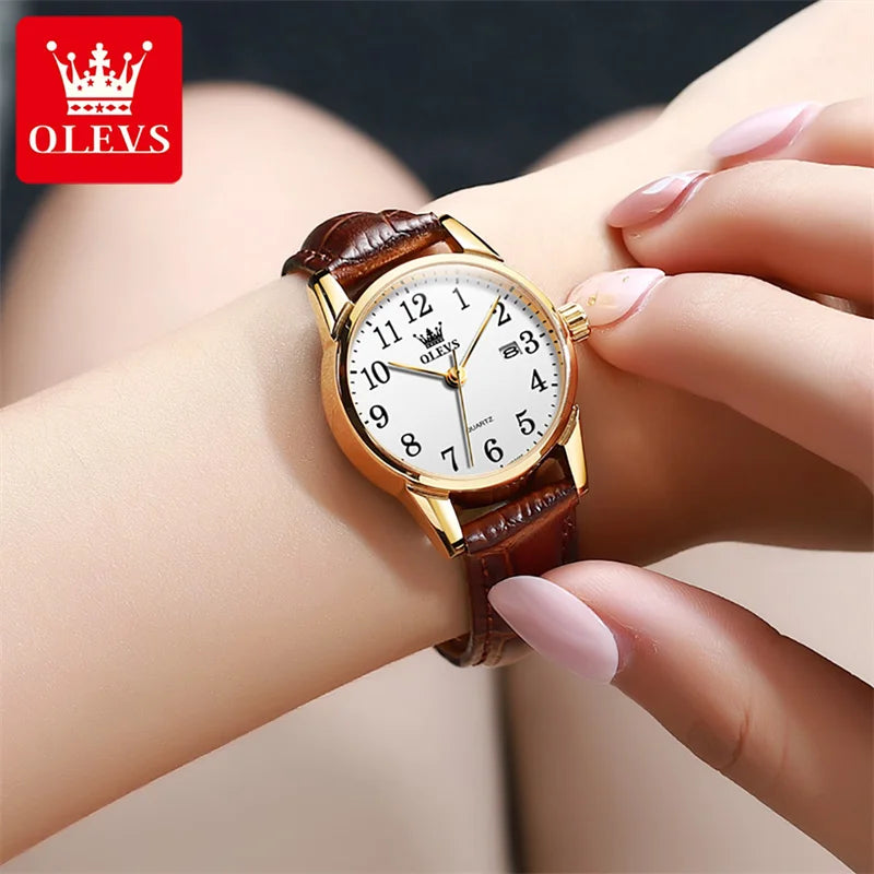 OLEVS Brand Fashion Simple Quartz Watch for Women Leather Strap Waterproof Calendar Womens Watches Elegant Female Clock