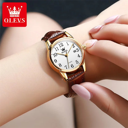 OLEVS Brand Fashion Simple Quartz Watch for Women Leather Strap Waterproof Calendar Womens Watches Elegant Female Clock