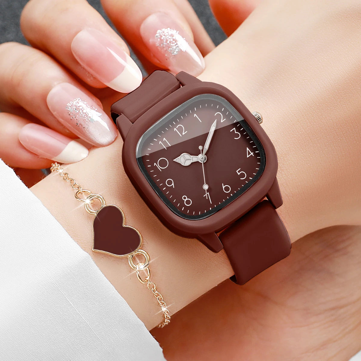 4PCS Fashion Square Women Watches Heart Bracelet Set Arabic Dial Silicone Strap Quartz Wristwatch Reloj Mujer Girls(Without Box)